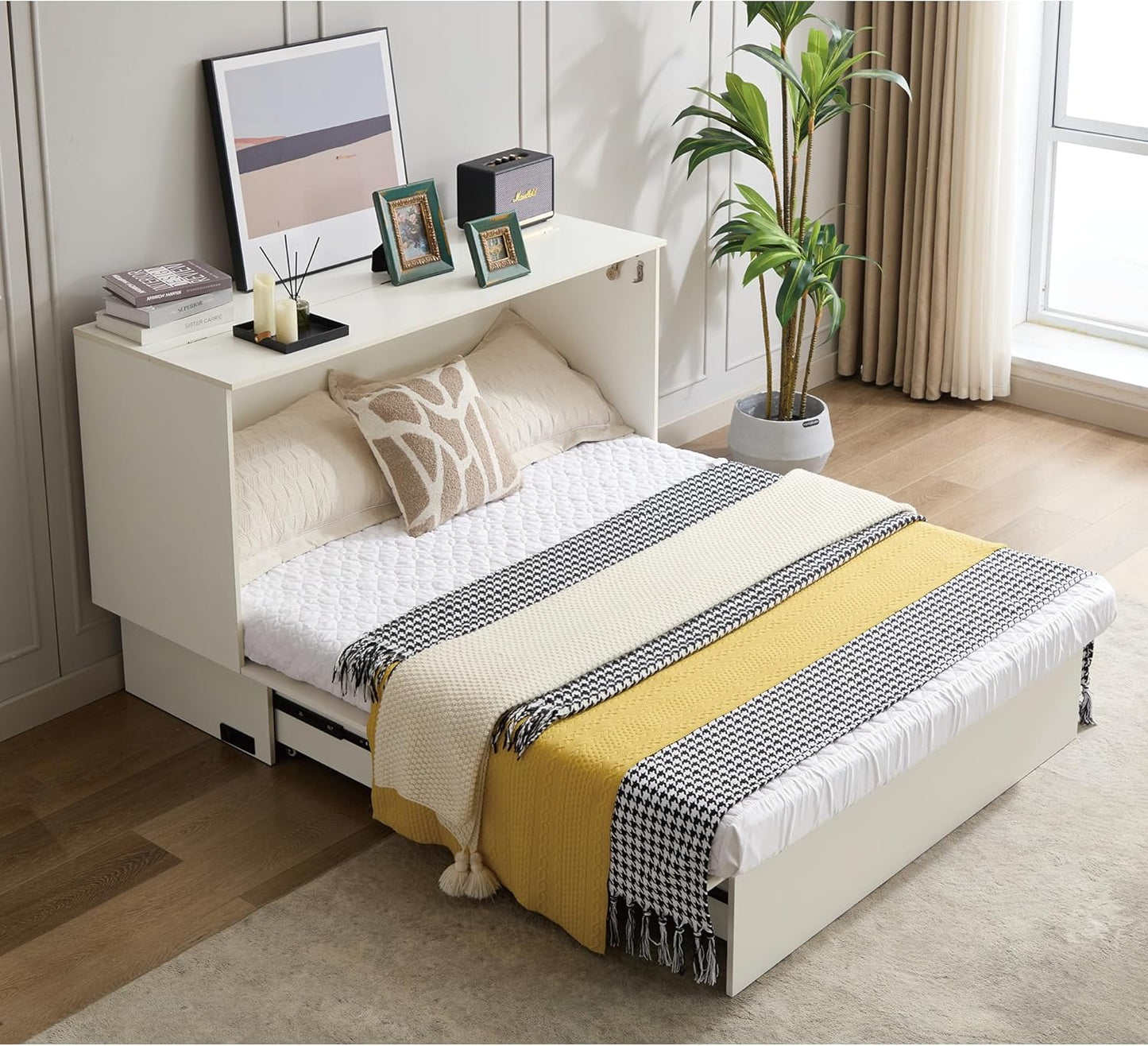 KEIKI Queen Murphy Bed with Storage, Folding Foam Mattress, Oversized Drawers, USB Ports & AC Outlets, Space-Saving Cabinet Bed, White