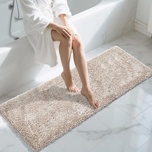 Yimobra Long Bathroom Rugs Runner 60x24 Inch, Extra Thick Soft Absorbent Chenille Bath Mat, Non Slip Machine Washable, Quick Dry Bath Rugs for Bathroom Floor, Tub and Shower, Khaki