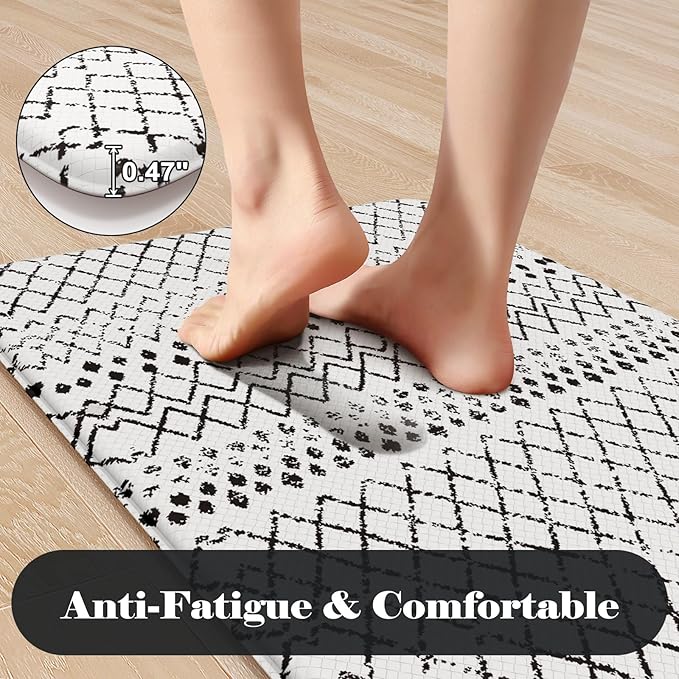 KIMODE Anti Fatigue Kitchen Mat for Floor, 20"x59"+20"x32" Kitchen Rugs Set of 2, Non Slip Kitchen Floor Mats Cushioned, Comfort Mats for Kitchen Floor Sink Laundry Office Desk Black and White