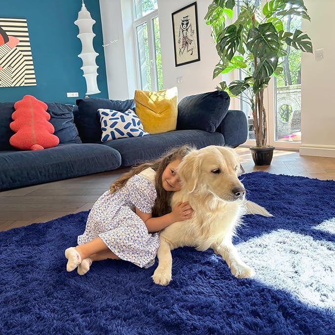 OLANLY 3x5 Machine Washable Small Bedside Rug, Soft Fluffy Shaggy Rugs for Living Room, Bedroom, Indoor Floor Carpet for Kids Girls and Boys, Preppy Dorms, Nursery, Home Decor Aesthetic, Navy Blue