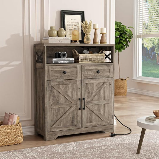 31.5" Rustic Grey Farmhouse Storage Cabinet with Barn Doors and Drawers, Sideboard Buffet Cabinet with Storage, Kitchen Pantry Hutch, Coffee Bar Station Table for Kitchen, Livingroom, Bathroom