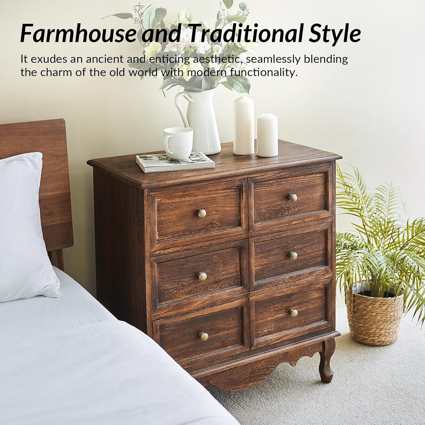 HULALA HOME 3-Drawer Nightstand with Charging Station, Drawer Organizer with Wood Legs, Farmhouse Solid Wood Nightstand(Walnut)