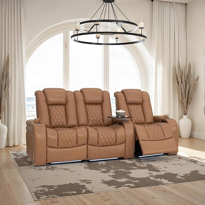 Seatcraft Diamante Zero-Gravity CoolZero Italian Leather Home Theater Seating, Power Headrest, Power Recline, Row of 3 Left Loveseat, Tan Oak