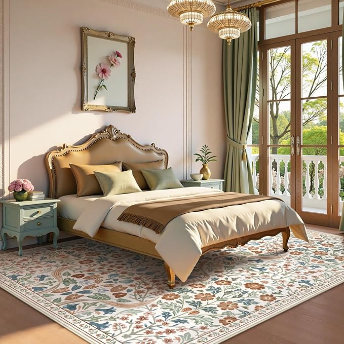 Lahome Floral 8x10 Rugs for Bedroom, Washable Beige Area Rug for Nursery Playroom, Botanical Soft Boho Carpet for Kids Room, Living Room Indoor