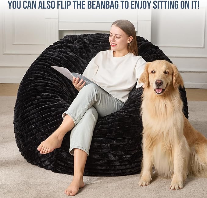 Hobestluk 5ft Bean Bag Chairs for Adults Large Beanbag Chair with Stripe Plush Cover Big Bean Bag Chair for Living Room Bedroom Dorm Office -Black (50” x 50” x 24”)