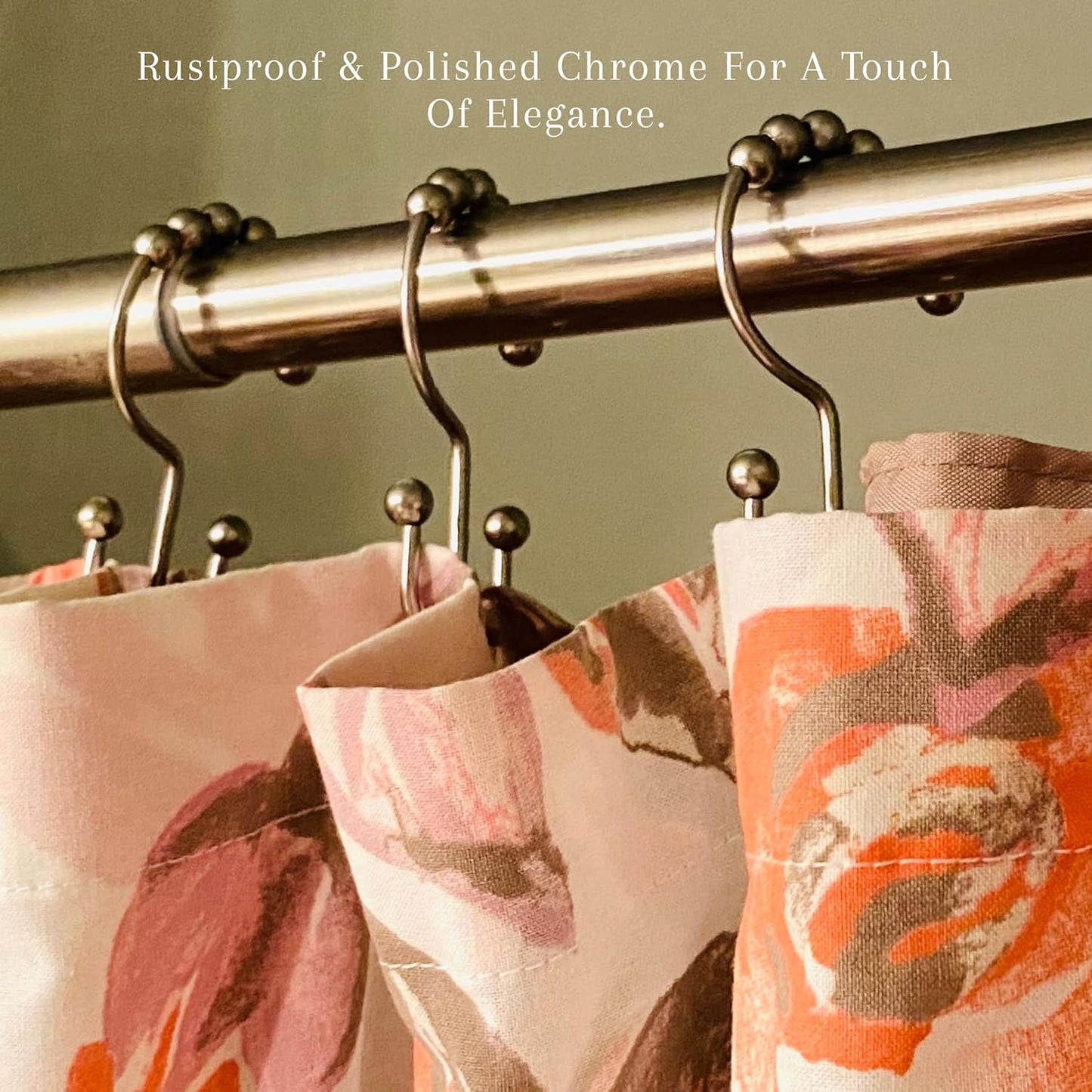 2lbDepot Double Sided Shower Curtain Hooks, Decorative Brushed Nickel Shower Curtain Hooks Rust Proof, Premium Stainless Steel Metal Hooks, Easy Glide Rollers, Set of 12 Curtain Rod Rings