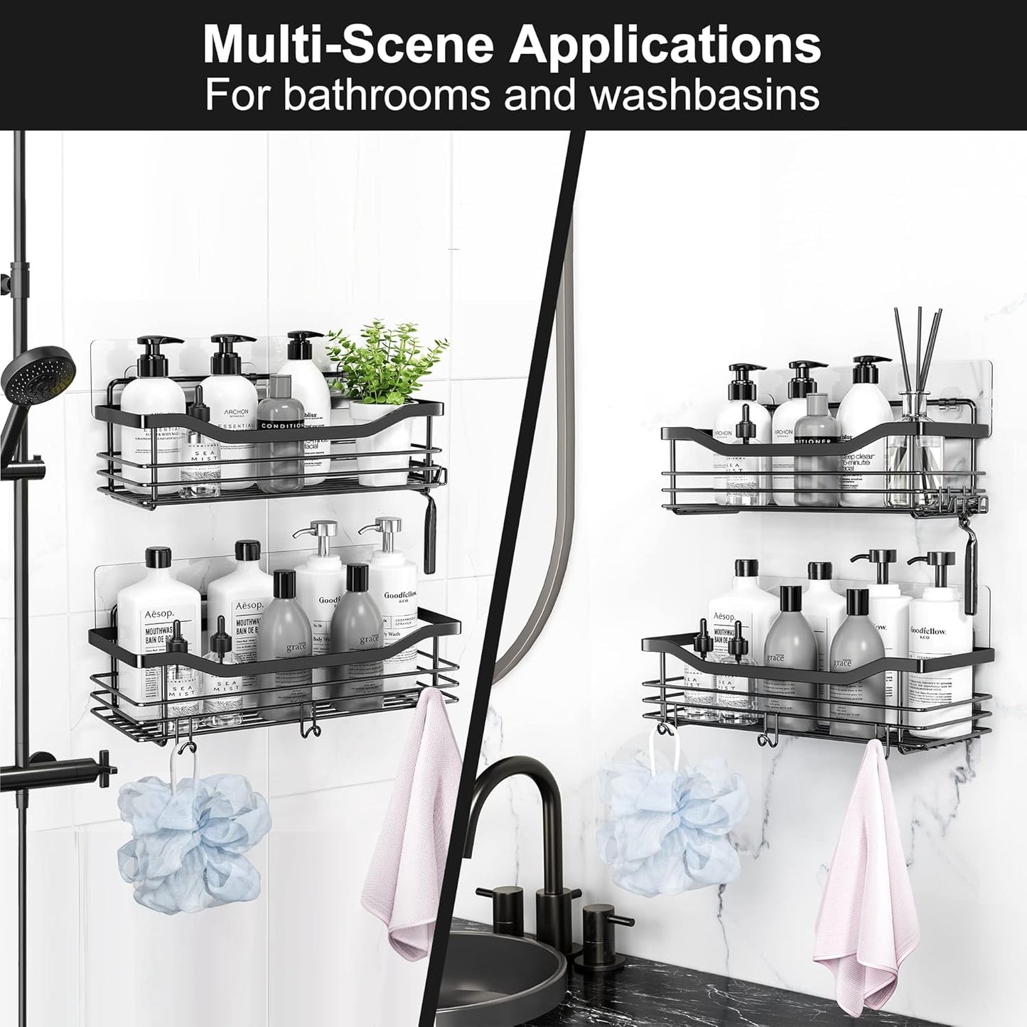 Orimade Shower Caddy Basket Shelf Storage Rack, No Drilling Wall Mounted Adhesive Rust Proof Stainless Steel Shower Organizer with 5 Hooks for Bathroom, Black 2 Pack