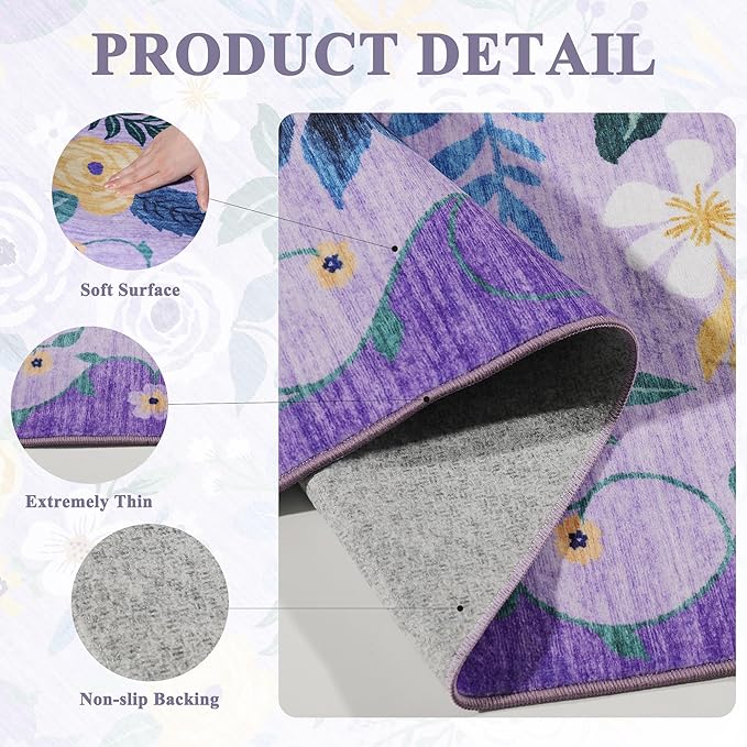 DUKINO 4x6 Area Rug, Lightweight Non Slip Washable Floral Rug, Indoor Low Pile & Non-Shedding Boho Design Rugs for Bedroom, Living Room, Dining Room, Purple