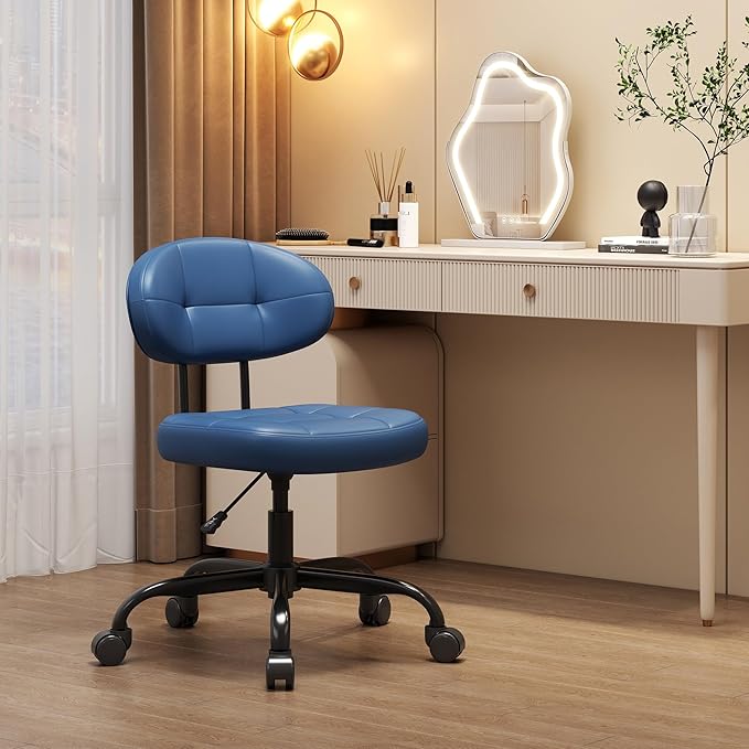 Misolant Vanity Chair with Back, Small Armless Cute Office Chair with Wheels and Lumbar Support, Comfy PU Leather Desk Computer Chairs with Adjustable Height, 360° Swivel for Home Bedroom, Navy Blue