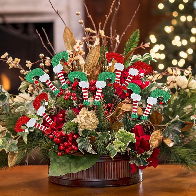 8Pcs Christmas Elf Feet Picks - Red White/Red Green Tree Decoration Ornaments for Home Office Party