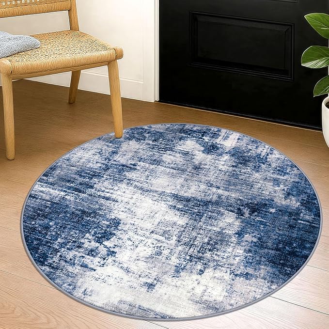 IOHOUZE Round Area Rug 3 Ft Circle Entryway Rugs Round Washable Door Mat Indoor Entrance, Non Slip Circle Front Door Rug, Printed Abstract Faux Wool Floor Carpet for Foyer Porch Sink, Navy/Grey