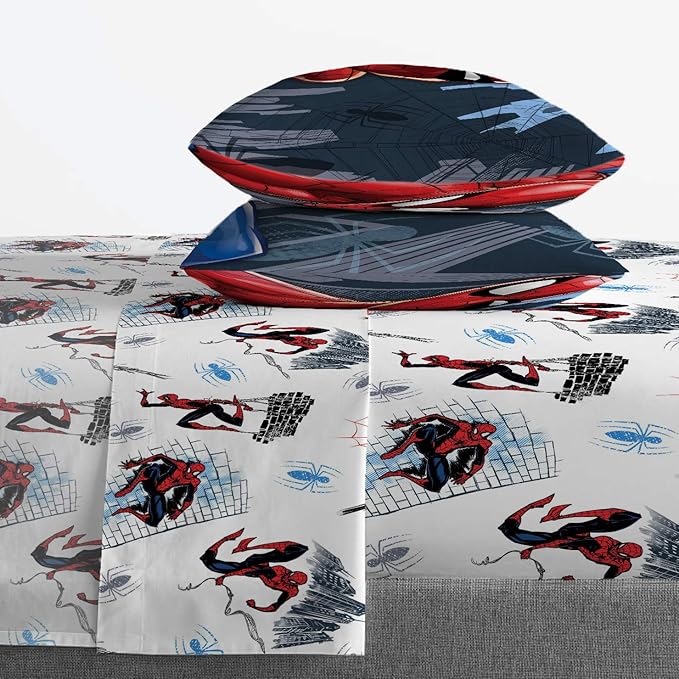 Jay Franco Kids Sheet Set with Fitted, Flat Sheets & Pillow Cover - Ultra-Soft Bedding with Pillowcase for Room Decor, White - Spiderman, 4 Piece Full