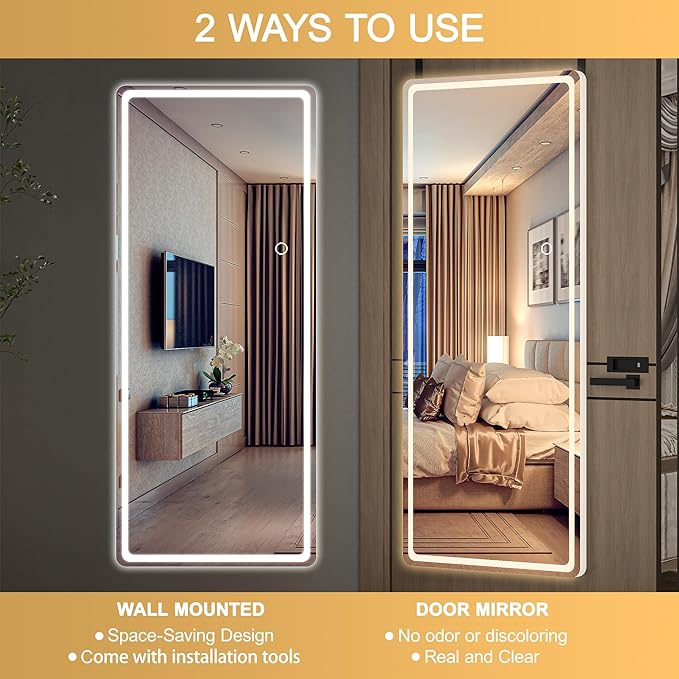 Hasipu LED Door Mirror - Full Length, 56 x 16 Over The Door Mirror with Lights for Bedroom, Living Room, Cloakroom