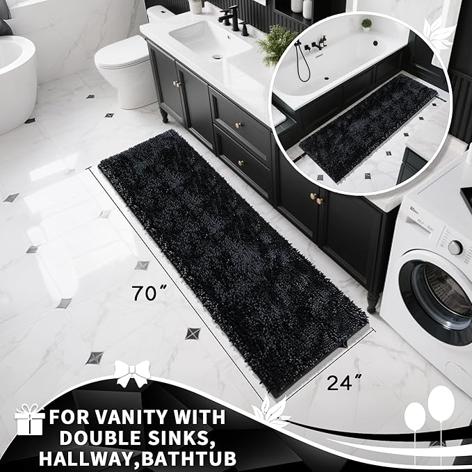 Yimobra Long Bathroom Rugs Runner 70x24 Inch, Extra Thick Soft Absorbent Chenille Bath Mat, Non Slip Machine Washable, Quick Dry Bath Rugs for Bathroom Floor, Tub and Shower, Black