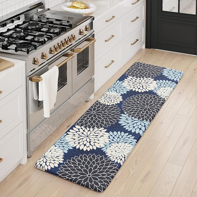 KIMODE Anti Fatigue Kitchen Mat, Cushioned Floral Kitchen Runner, Non Slip Memory Foam Kitchen Mat for Floor, Waterproof Standing Desk Mat for Laundry, Office, Sink Mutil-Blue 17.3"x59"