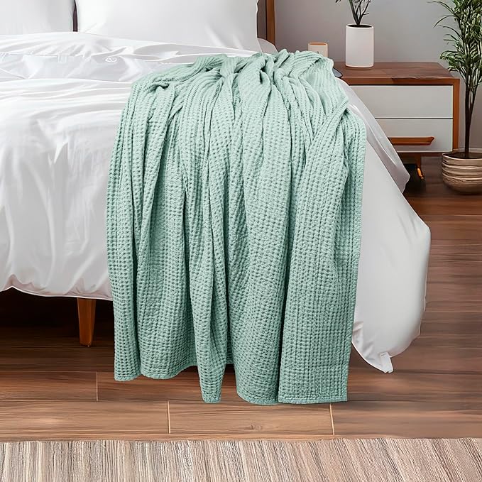 HILLFAIR 100% Combed Cotton Blanket– California King Size Bed Blankets Warm Soft All Season Breathable Lightweight Summer Waffle Weave Home Decor Blanket- Sage California King Cotton Blankets/Bedcover