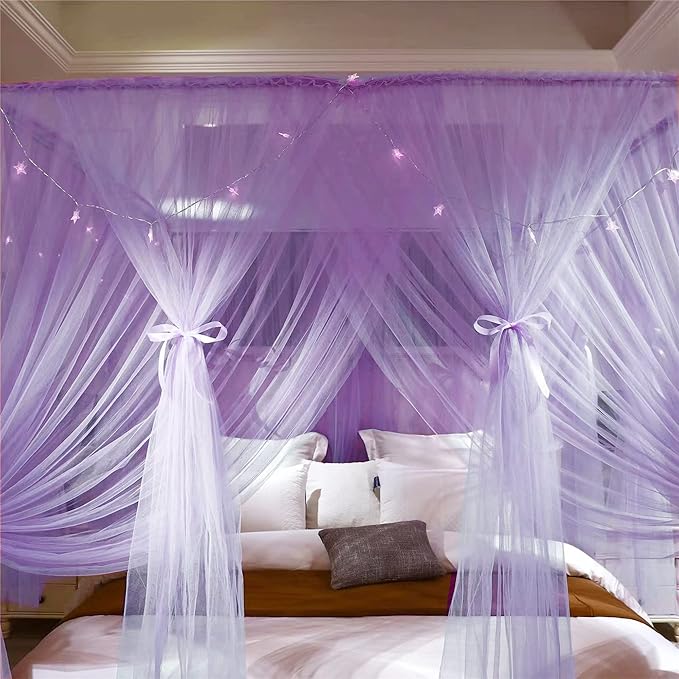 VETHIN 4 Corners Post Princess Bed Canopy Curtain Double Layer Cozy Drape Netting 4 Opening Mosquito Net for Girls & Adults Bedroom Decoration Accessories (Double Purple,53" W*78" L*82"*H/(Full))
