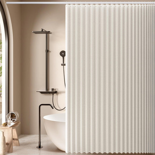 Jubilantex Folding Linen Shower Curtain for Bathroom Beige Waterproof Shower Curtain 1 Panel with 14 Metal Grommets and 1 Tie Back for Hotel,70"x70"