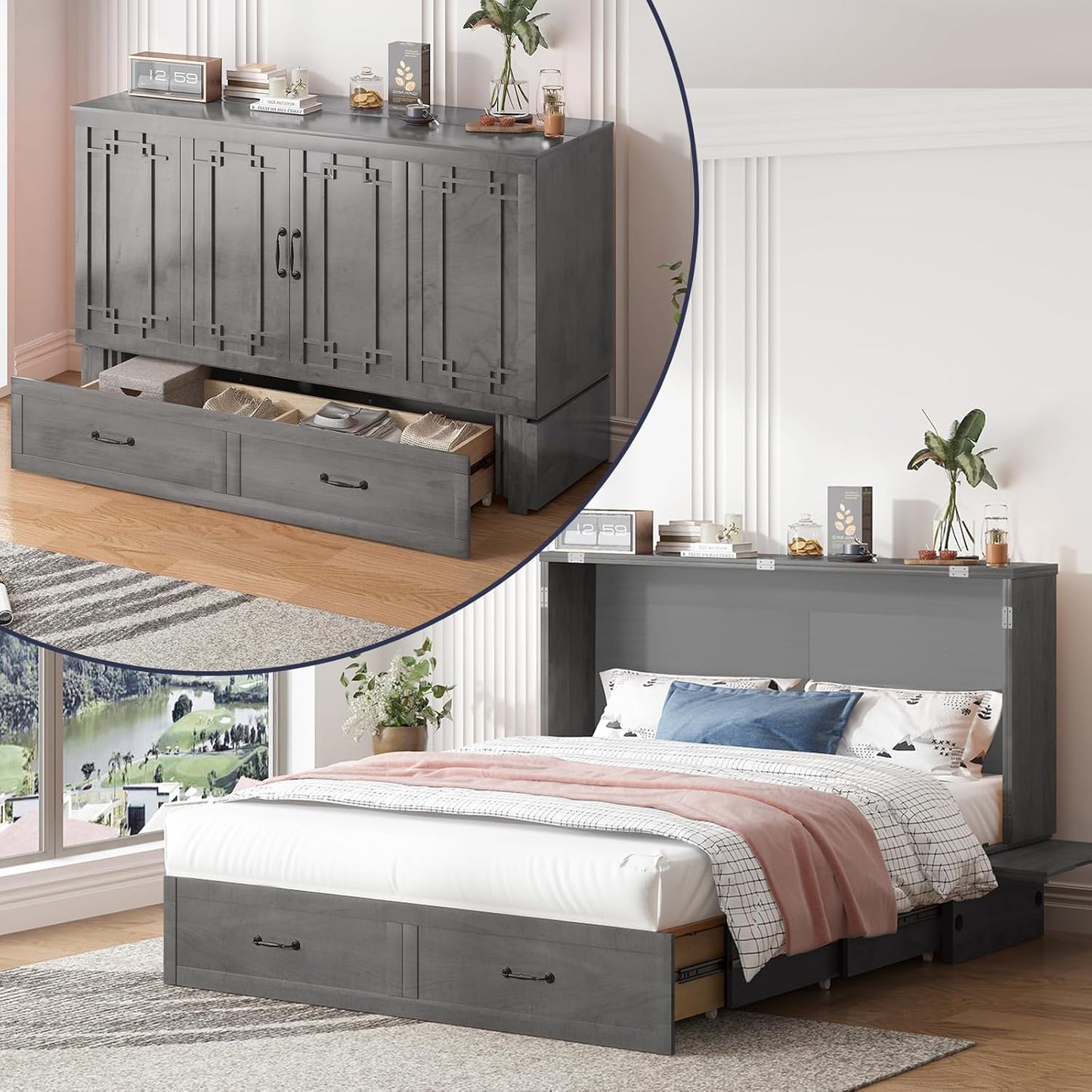ijuicy Chest Murphy Bed Queen, Murphy Cube Cabinet Bed with 3 Level Foldable Memory Foam Mattress, 2 Large Drawers and Charging Station for Guests Room/Bedroom(Charcoal Grey)