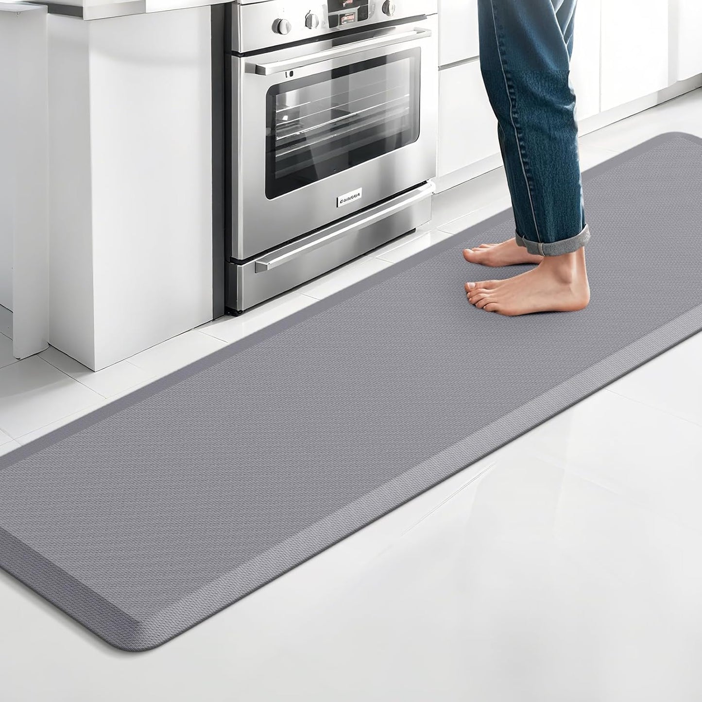 Kitchen Mat, Cushioned Thick Floor Comfort Mat, with Non-Slip Bottom, Waterproof & Stain Resistant & Easy Clean, Standing Desk Mat for Kitchen, Sink, Office (17.3''x60'', Grey)