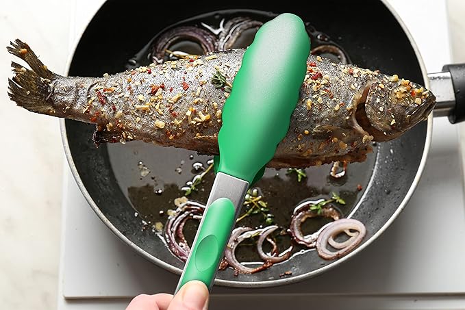 Set of 2 Kitchen Tongs, Premium Stainless Steel Locking 9-Inch & 12-Inch Silicone Grilling Barbeque Cooking Food Tong, Dark Green