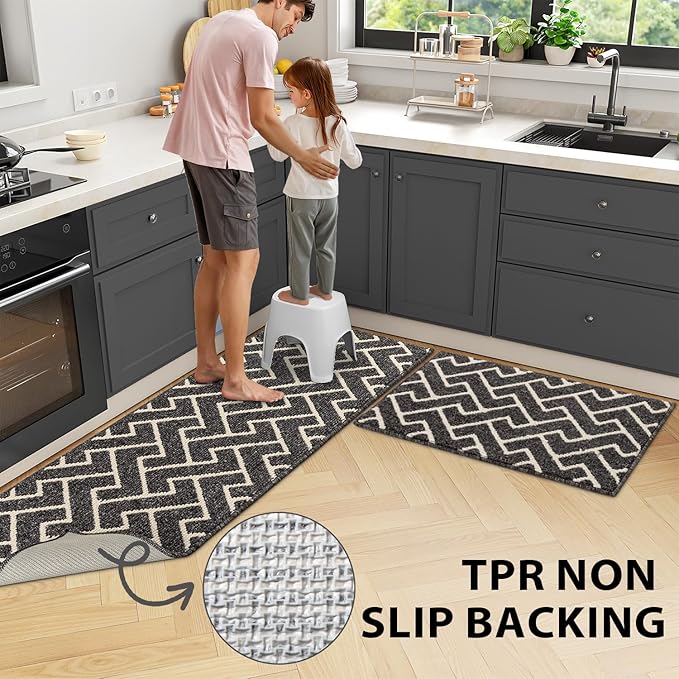 hicorfe Kitchen Rugs and Mats Sets,Non-Slip 2 Pieces Absorbent 100% Polypropylene Rug,Comfort Kitchen Runner Mat,Washable for Kitchen,Sink,Laundry(20" x 31.5" Plus 20" x 48",Black)