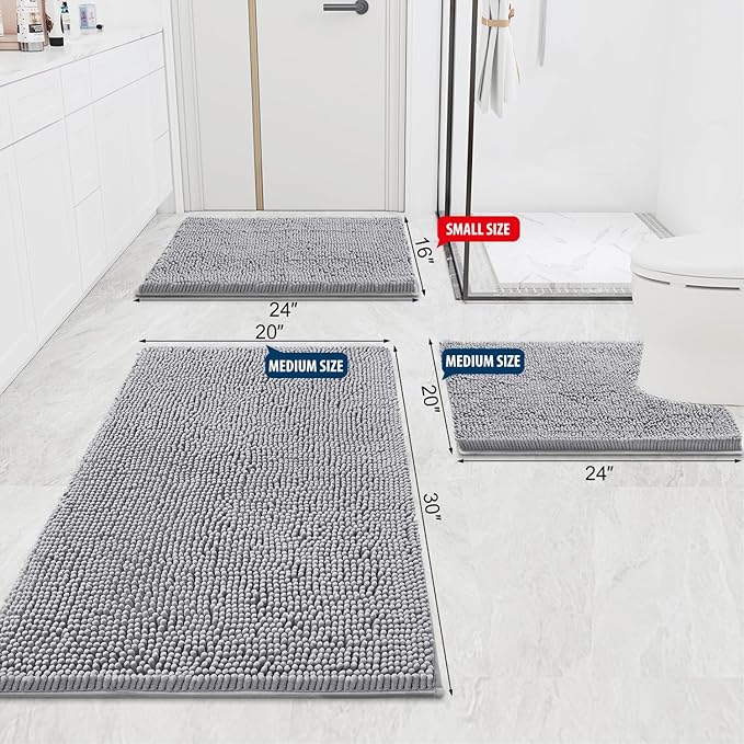 Smiry Luxury Chenille Bathroom Rugs 30x20, Extra Soft and Absorbent Shaggy Bath Mat, Machine Washable, Non-Slip Plush Carpet Runner for Tub, Shower, and Floor, Home Decor Accessories, Light Grey