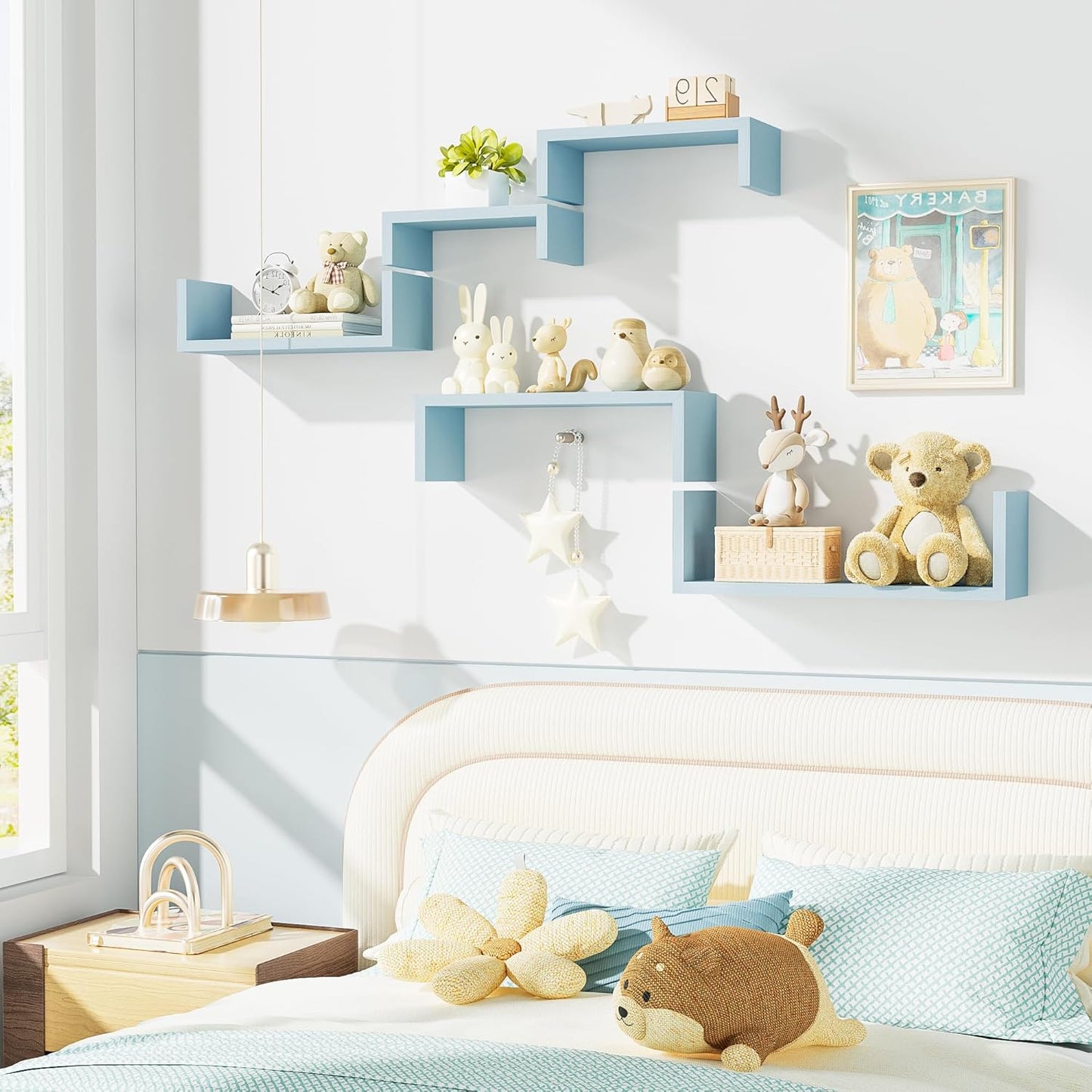 SRIWATANA Floating Shelves for Wall, Wall Shelves for Bathroom, Bedroom, Living Room, Kitchen, Office, Wood Shelves for Wall Decor Set of 5 (Blue)