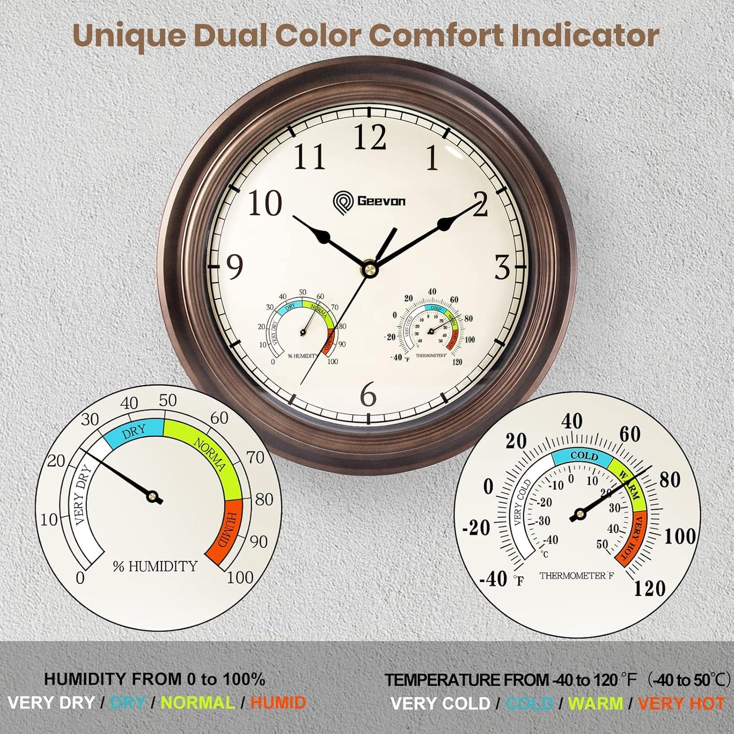 Geevon 12" Vintage Wall Clock Non Ticking with Hygrometer and Thermometer Combo,Battery Operated Quartz Decorative Wall Clocks for Home,Living Room,Office,Classroom,Kitchen,Bedroom Decor