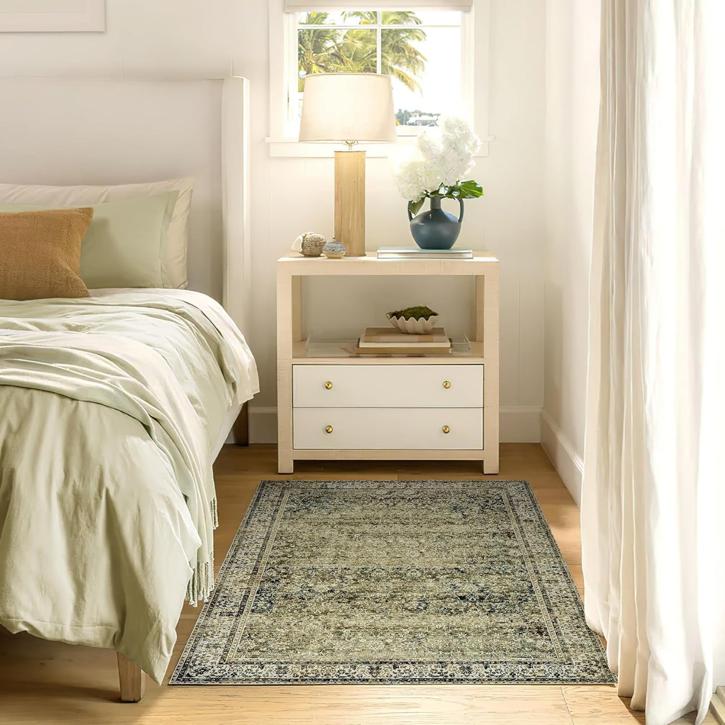 Olive and Tan Boho Front Door Mat for Indoor Entrance Washable Non Slip Cute Vintage Floral Aesthetic Area Rugs for Entryway Entry 4x6