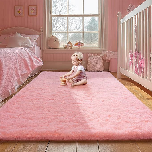Pink Area Rugs for Girls Bedroom, 6x9 Fluffy Fuzzy Shaggy Carpet for Kids Playroom Nursery Living Room, Thick Soft Plush Mat for Kids Baby Boys Teen Dorm Home Decor Aesthetic