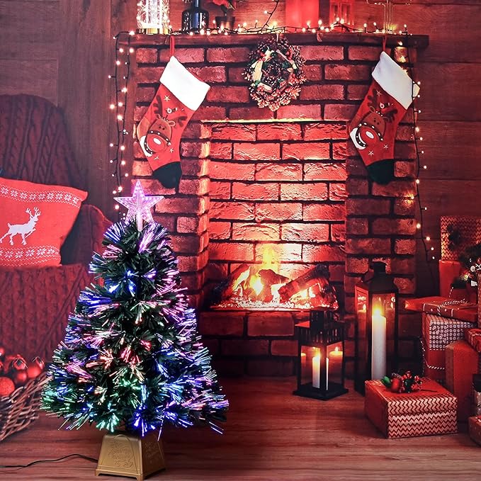 24inch Green Fiber Optic Christmas Tree,Pre-Lit Artificial Mini Christmas Tree, Tabletop Small Xmas Tree with Stars Holiday Home Decorations