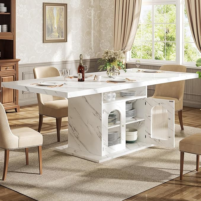 HSH Dining Table for 4–6, 63" Modern Kitchen Dining Room Table with Storage Shelves & Acrylic Door Cabinet,Wood Rectangle Dinner Table with Faux Marble Top for Home Apartment, White Faux Marble