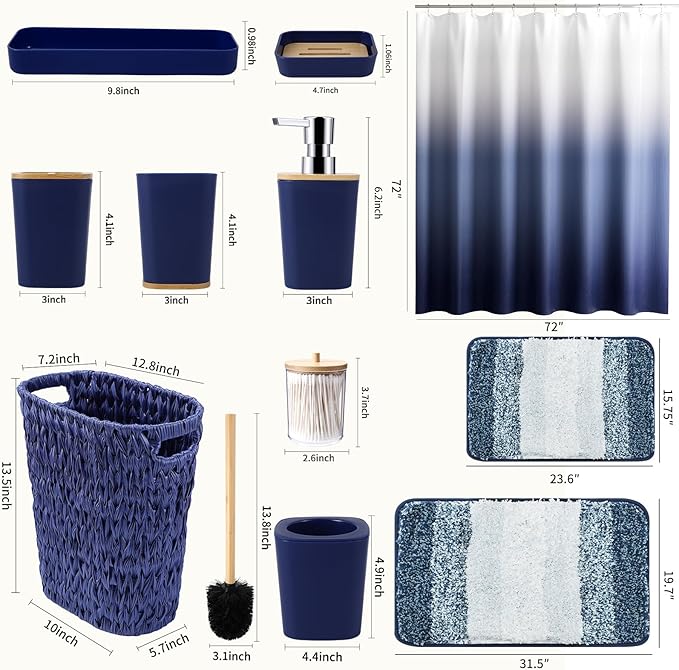 Navy Blue Bathroom Accessories Set with Wicker Trash Can Shower Curtain and Rugs,Bathroom Sets Small Waste Basket Bathroom Trash Can for Bedroom Bathroom