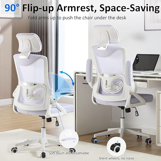 Fizzin Ergonomic Office Chair,Ergonomic Desk Chair with Headrest Purple Computer Chair with High Back Adjustable Lumbar Support, Rolling Swivel Chairs with Wheel Armrests for Home Office (Lavender)