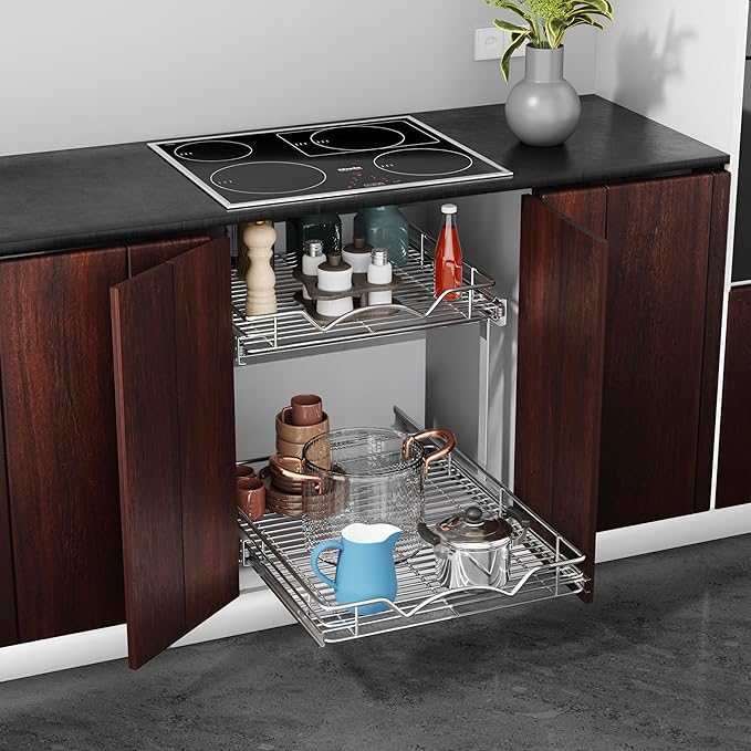 HOLDN’ STORAGE Two Tier Pull Out Cabinet Organizer, Individual Sliding Drawers - Heavy Duty Metal with Lifetime Limited Warranty - Anti Rust Chrome Finish - 14.5" W x 21”D x 16.5" H