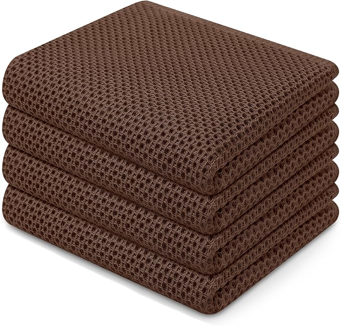 Homaxy 100% Cotton Waffle Weave Kitchen Dish Towels, Ultra Soft Absorbent Quick Drying Cleaning Towel, 13 x 28 Inches, 4-Pack, Coffee