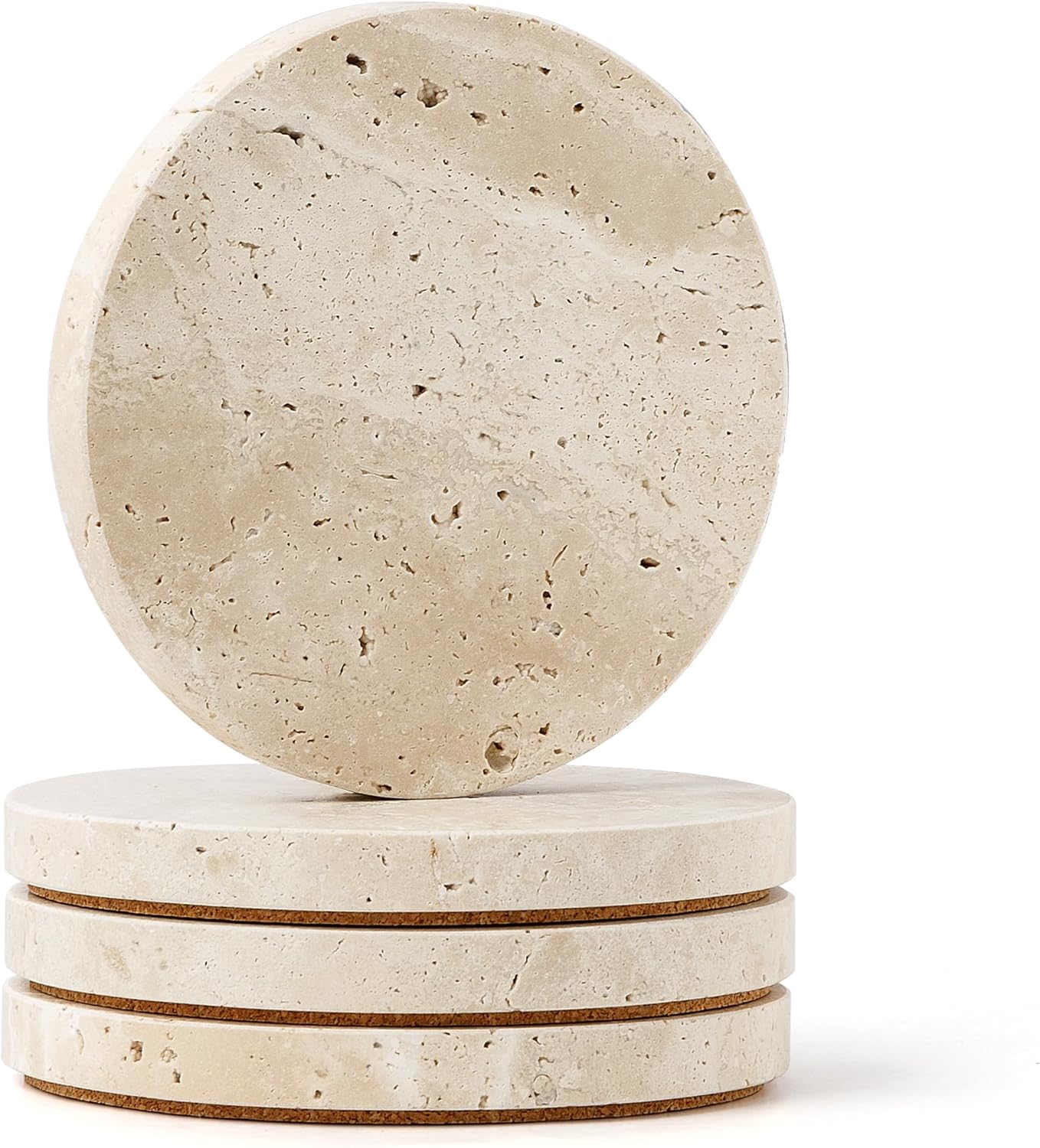 WORHE Natural Travertine Marble Coasters Set of 4-4" Round Stone Drink Coasters, Non-Slip Cork Backing, Housewarming Gift, Wedding, Protect Tables from Stains & Scratches (BD140)