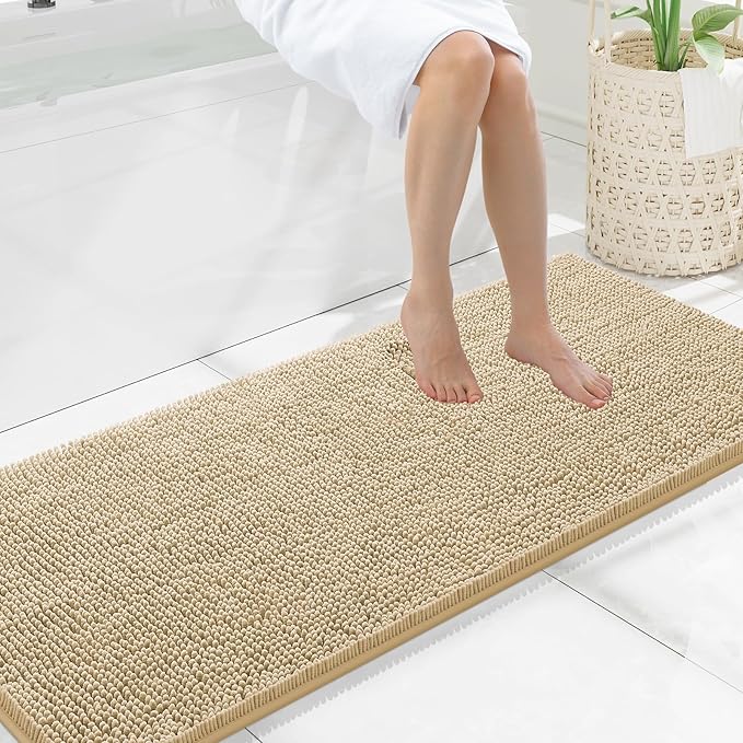 Smiry Luxury Chenille Bathroom Rugs 59x20, Extra Soft and Absorbent Shaggy Bath Mat, Machine Washable, Non-Slip Plush Carpet Runner for Tub, Shower, and Floor, Home Decor Accessories, Beige