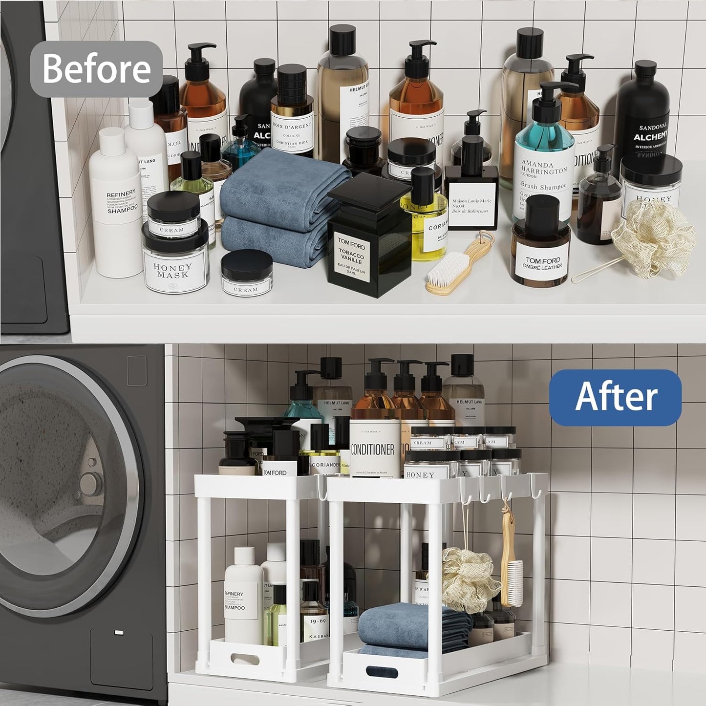 2PC Under Sink Organizer Rack 2 Tier Under Sliding Cabinet Basket Organizer Drawer with 4 Hooks, Multi-purpose Under Sink Storage for Bathroom Kitchen Desktop（White）