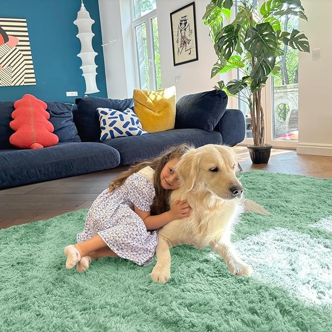 OLANLY 9x12 Machine Washable Large Area Rugs for Living Room, Bedroom, Soft Fluffy Shaggy Bedside Rug, Indoor Floor Carpet for Kids Girls and Boys, Dorms, Nursery, Home Decor Aesthetic, Mint Green