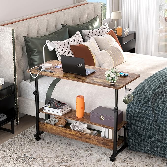 39" Height Adjustable Standing Desk with Power Outlets - Manual Rolling Stand Up Desk with Wheels Small Portable Computer Desk Mobile Laptop Table with Storage Shelves for Home Office, Rustic