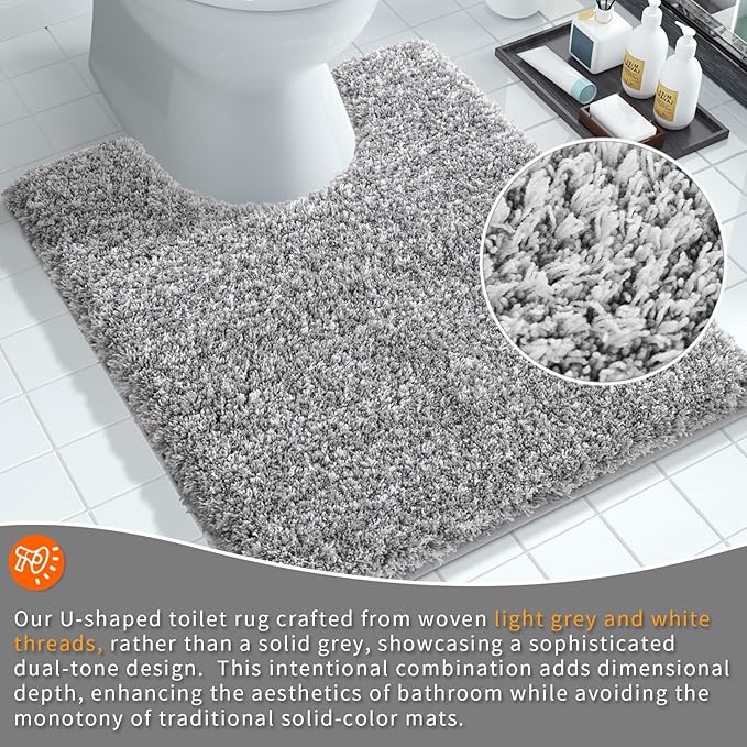 Yimobra Fluffy Toilet Rugs U Shaped, Shaggy Soft Comfortable Non Slip, Water Absorbent Microfiber Bath Mat, Dries Quickly, Machine Washable Thick Bathroom Floor Rugs, 24"x 20", Light Gray and White