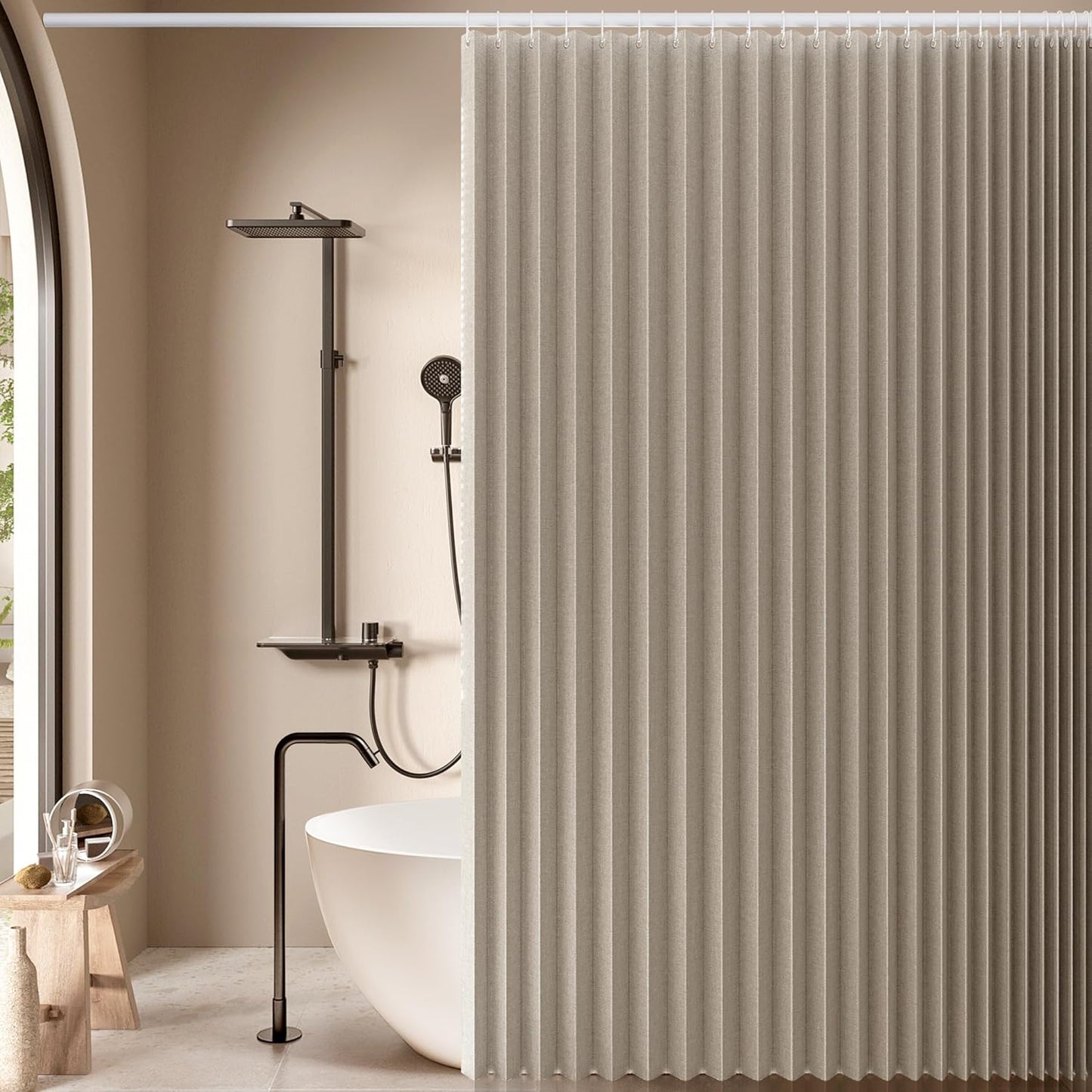 Jubilantex Folding Linen Shower Curtain for Bathroom Khaki Waterproof Shower Curtain 1 Panel with 14 Metal Grommets and 1 Tie Back for Hotel,70"x70"