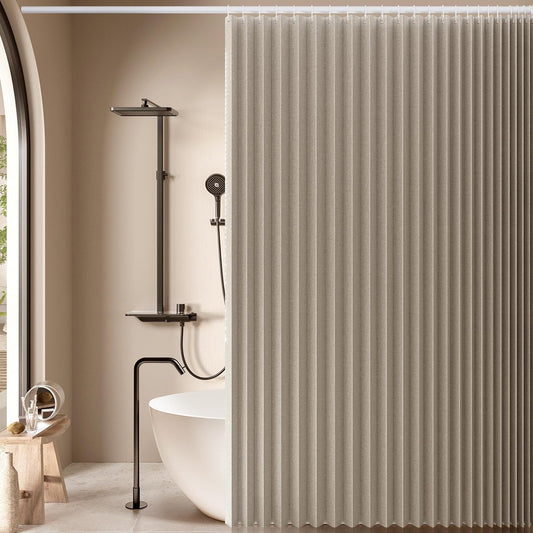 Jubilantex Folding Linen Shower Curtain for Bathroom Khaki Waterproof Shower Curtain 1 Panel with 14 Metal Grommets and 1 Tie Back for Hotel,70"x70"