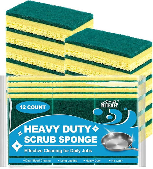 HOMEXCEL Sponges Kitchen 12pcs, Heavy Duty Sponges for Dishes, Scrub Cleaning Sponge for Non-Coated Cookware, Dishes, Pots, Pans, Dual Sided Dish Sponge for Kitchen, Household, Bathroom and More