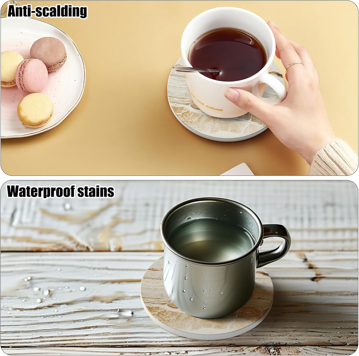 Coasters for Drinks Set of 8, Absorbent Marble with Metal Golden Holder, Ceramic Coaster Set Cup Mat for Home Decor, Bar, Kitchen, Party