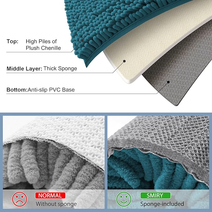 Smiry Luxury Chenille Bathroom Rugs 30x20, Extra Soft and Absorbent Shaggy Bath Mat, Machine Washable, Non-Slip Plush Carpet Runner for Tub, Shower, and Floor, Home Decor Accessories, Lake Blue