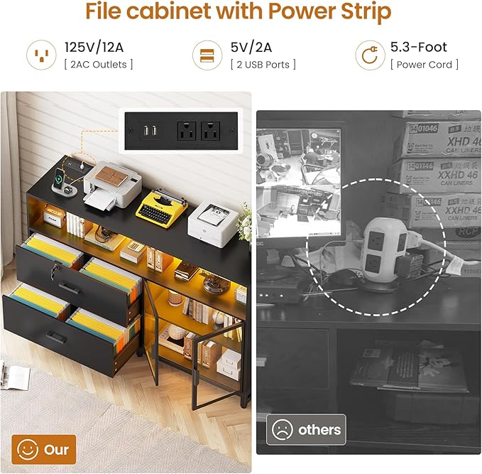 SEDETA 59" File Cabinet, 2 Drawers Filing Cabinets for Home Office fit Legal/Letter/A4 File, File Cabinet with Lock & Power Outlets, Printer Stand with Storage & LED Lights, Black