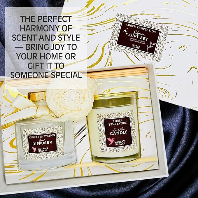 Moira's Bazaar Elysian Essence Aromatherapy Gift Set – Luxury Candle and Flower Reed Diffuser – Perfect Scented Gift for Thanksgiving & Christmas, Gifts for Women (Amber Temptation)